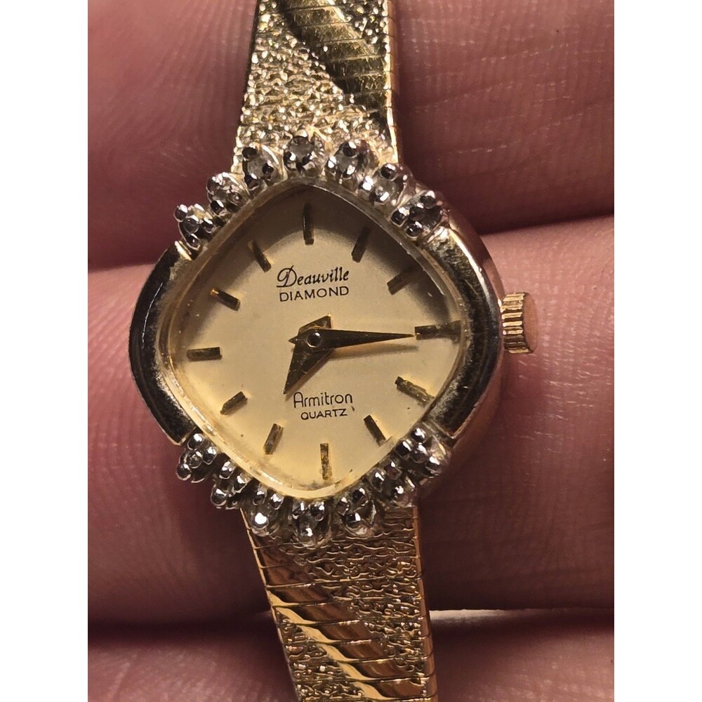 Vintage Armitron Deauville Diamond 19mm Ladies' Gold Tone Bracelet Watch. 7".